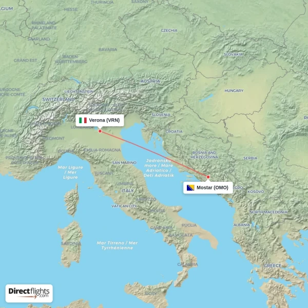 Verona - Mostar direct flight map