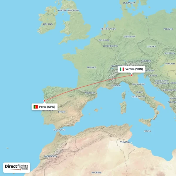 Verona - Porto direct flight map