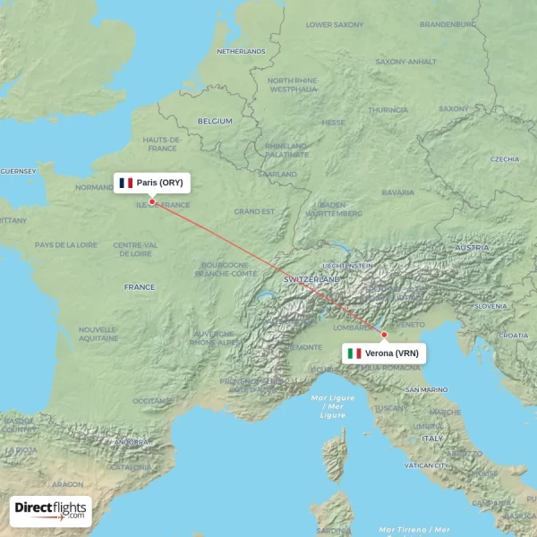 Verona - Paris direct flight map