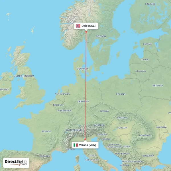 Verona - Oslo direct flight map