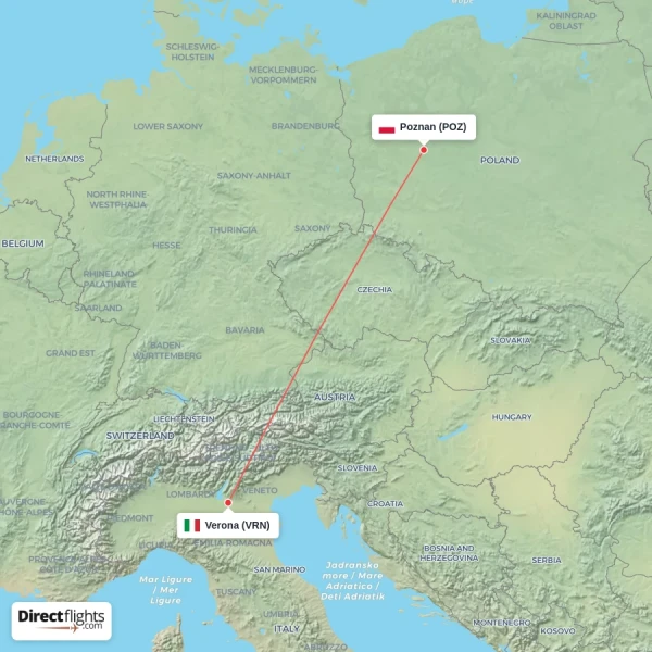 Verona - Poznan direct flight map