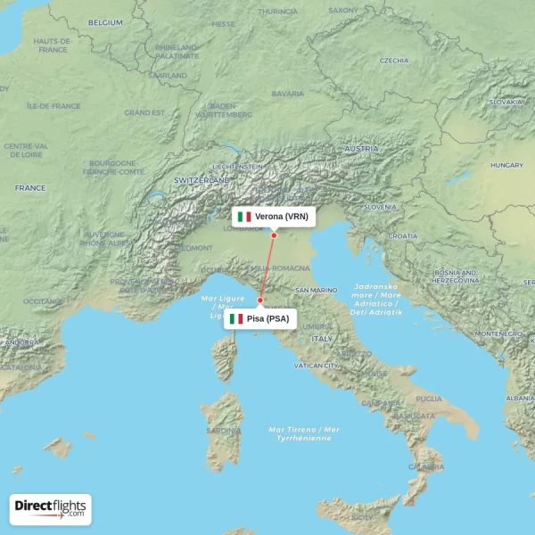 Verona - Pisa direct flight map
