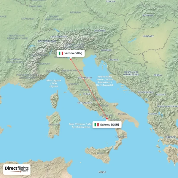 Verona - Salerno direct flight map