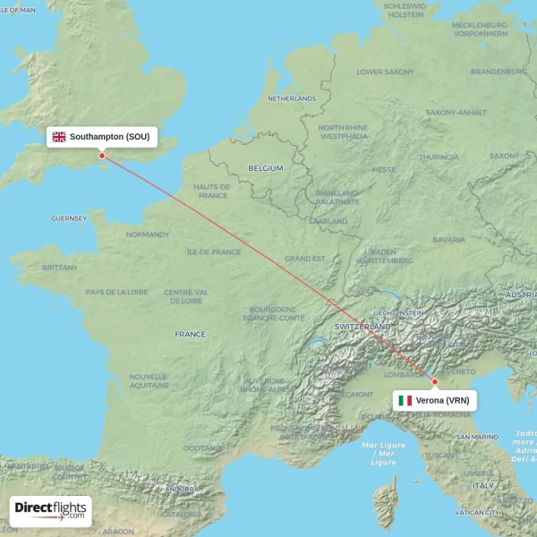 Verona - Southampton direct flight map