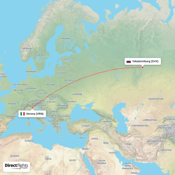 Verona - Yekaterinburg direct flight map