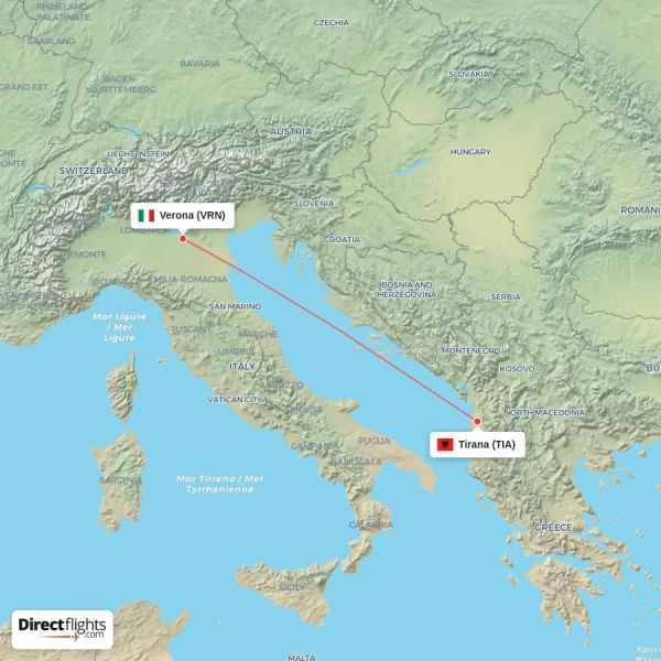 Verona - Tirana direct flight map