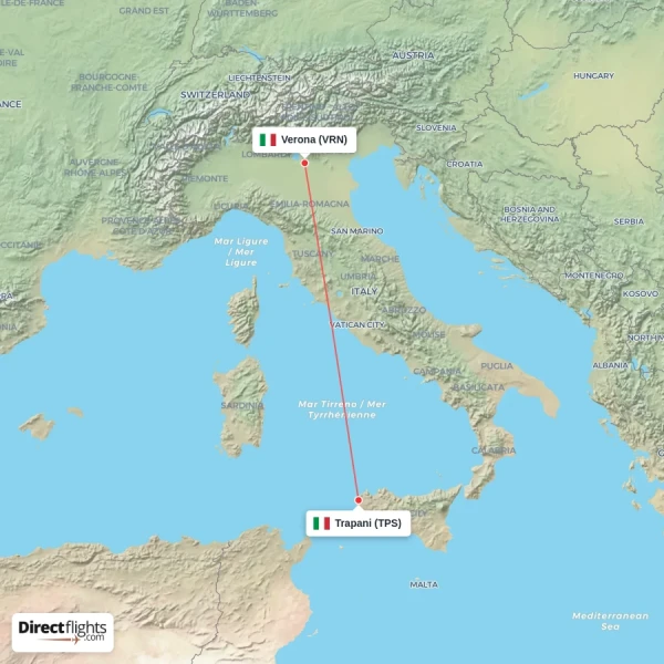 Verona - Trapani direct flight map