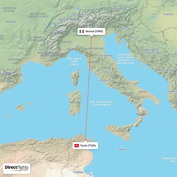 Verona - Tunis direct flight map