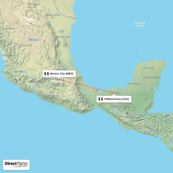 Villahermosa - Mexico City direct flight map