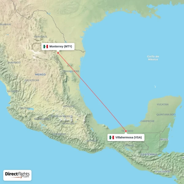 Villahermosa - Monterrey direct flight map