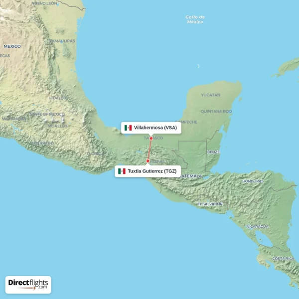 Villahermosa - Tuxtla Gutierrez direct flight map