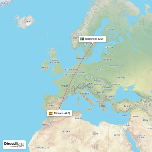 Stockholm - Alicante direct flight map