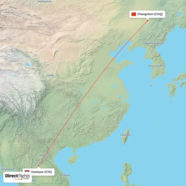Vientiane - Changchun direct flight map