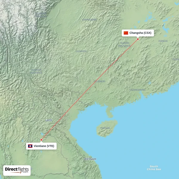 Vientiane - Changsha direct flight map