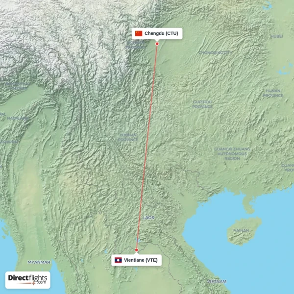 Vientiane - Chengdu direct flight map