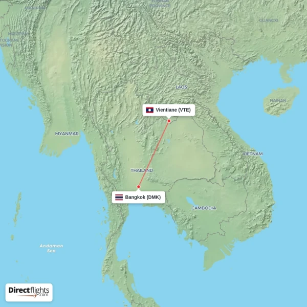 Vientiane - Bangkok direct flight map