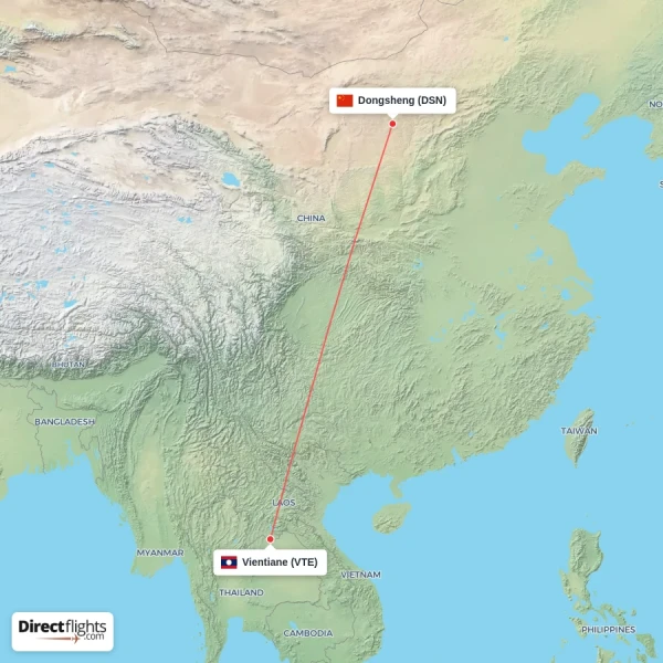 Vientiane - Dongsheng direct flight map
