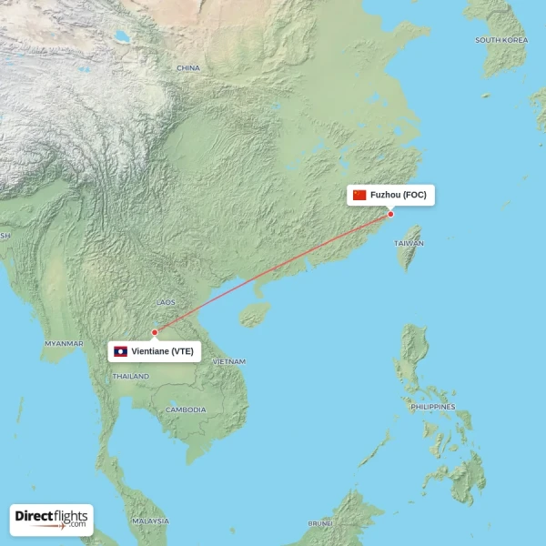 Vientiane - Fuzhou direct flight map