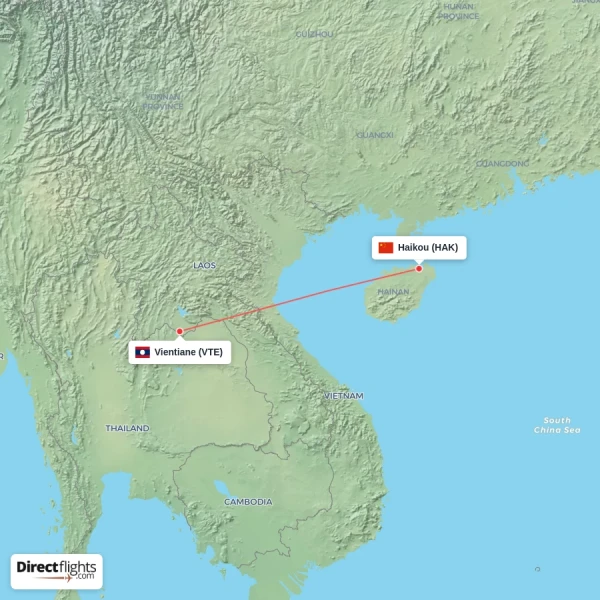 Vientiane - Haikou direct flight map