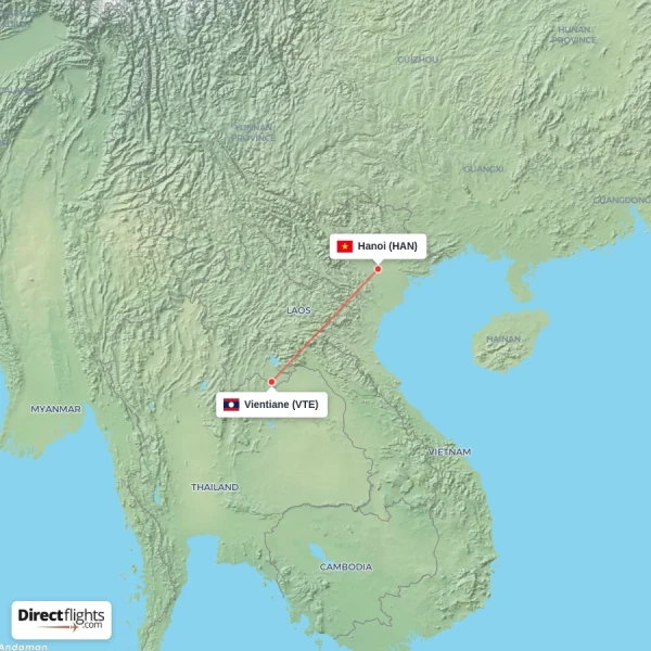 Vientiane - Hanoi direct flight map