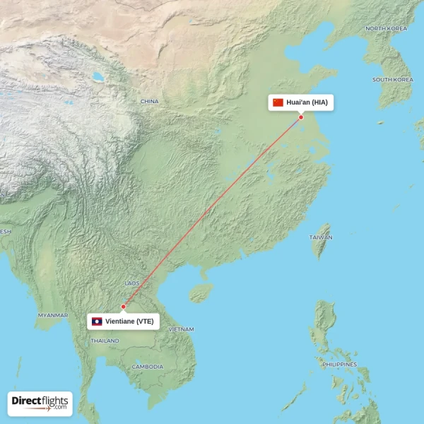 Vientiane - Huai'an direct flight map