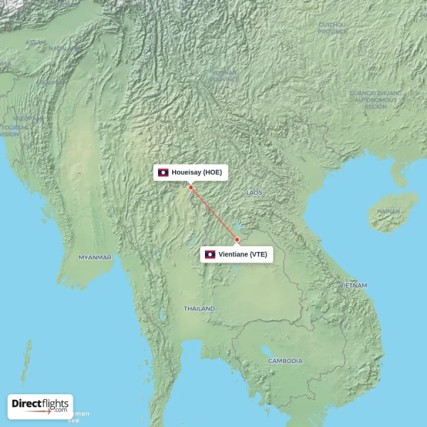 Vientiane - Houeisay direct flight map