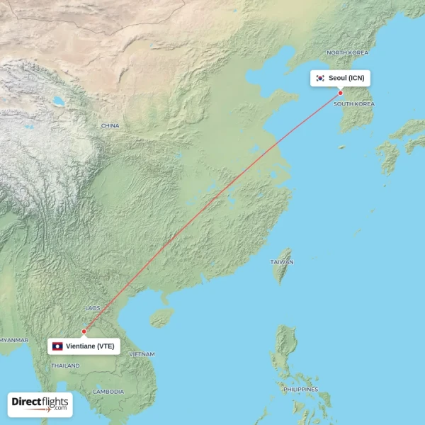 Vientiane - Seoul direct flight map