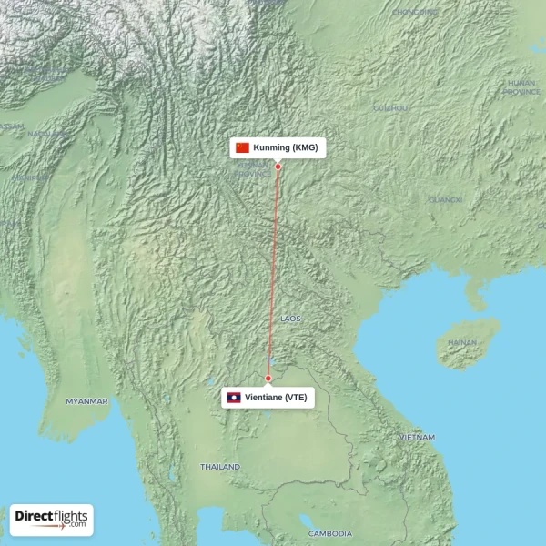 Vientiane - Kunming direct flight map