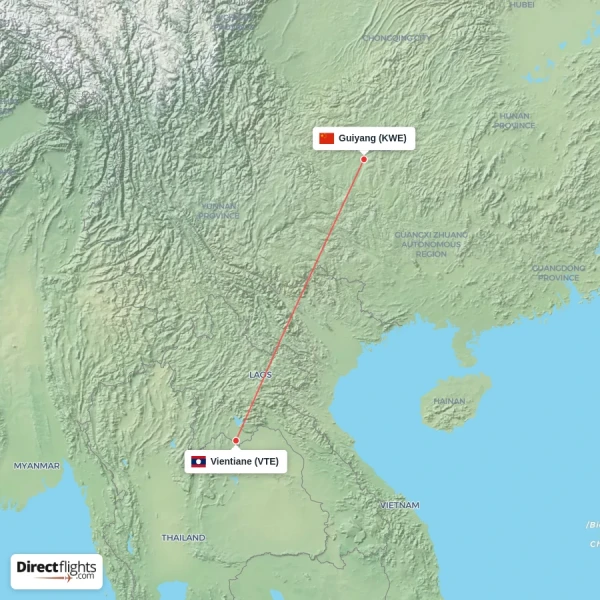 Vientiane - Guiyang direct flight map