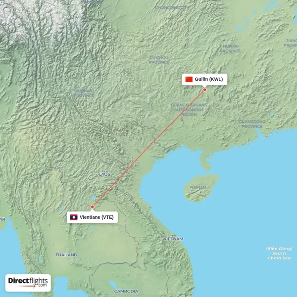 Vientiane - Guilin direct flight map