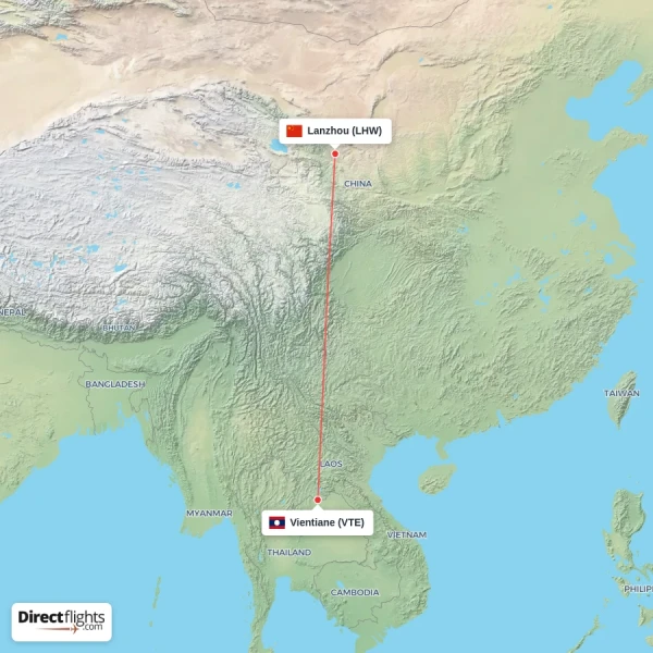 Vientiane - Lanzhou direct flight map