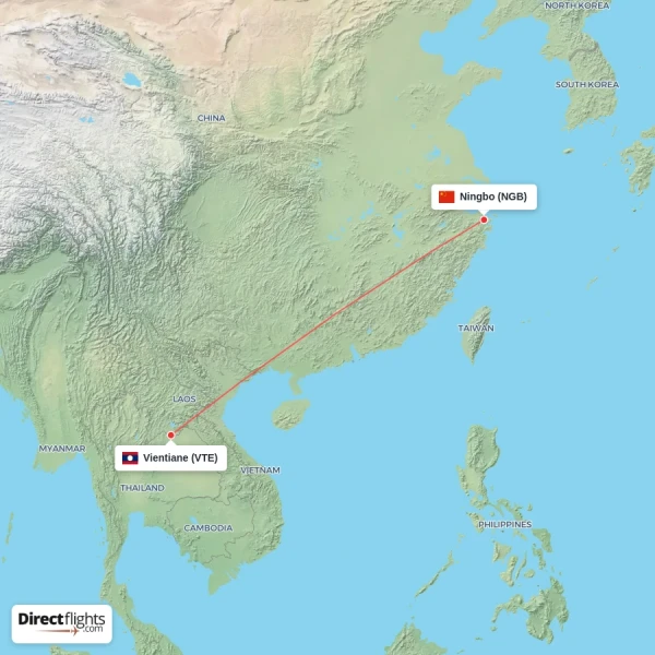 Vientiane - Ningbo direct flight map