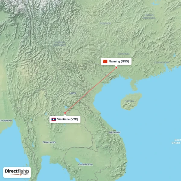 Vientiane - Nanning direct flight map