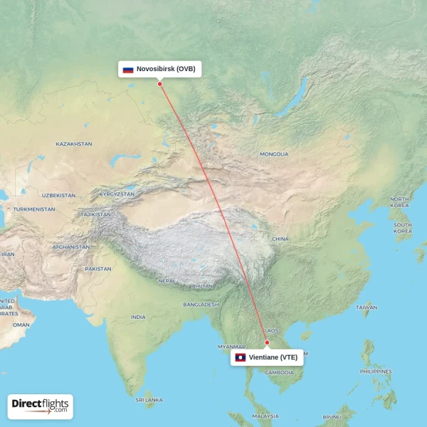 Vientiane - Novosibirsk direct flight map
