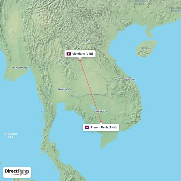 Vientiane - Phnom Penh direct flight map