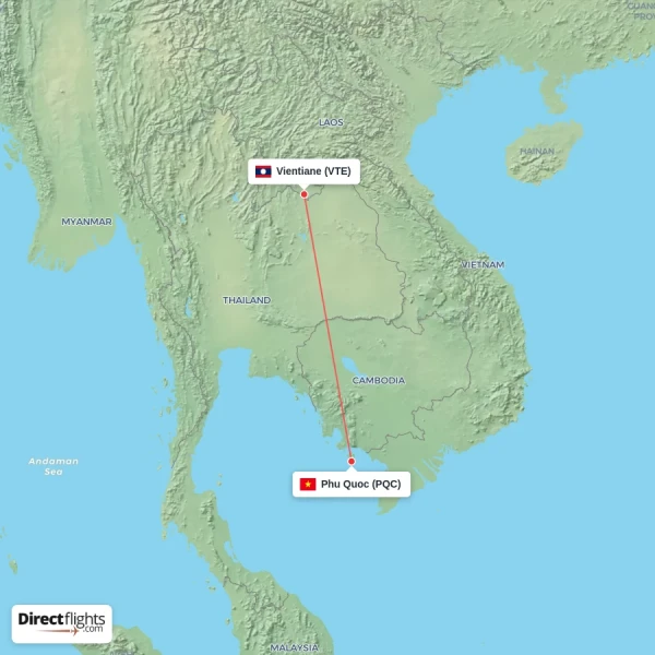 Vientiane - Phu Quoc direct flight map