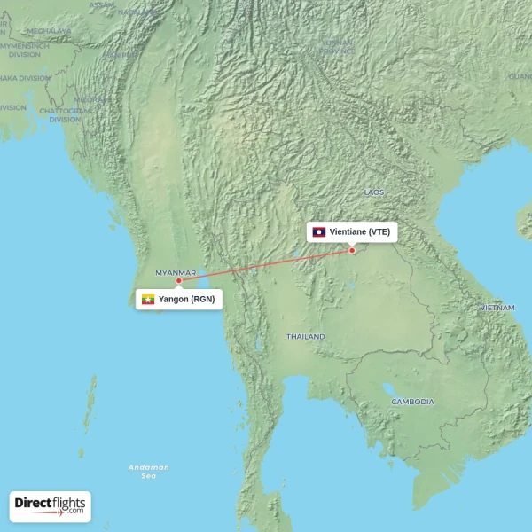 Vientiane - Yangon direct flight map