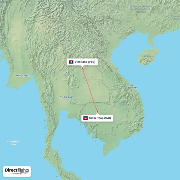 Vientiane - Siem Reap direct flight map