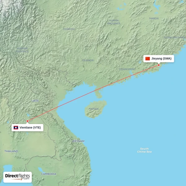 Vientiane - Jieyang direct flight map