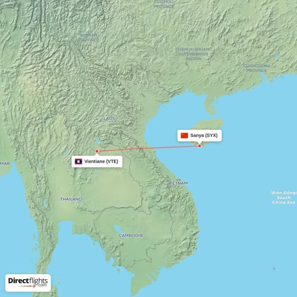 Vientiane - Sanya direct flight map