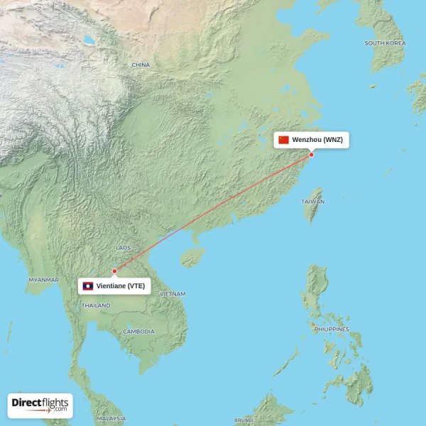 Vientiane - Wenzhou direct flight map