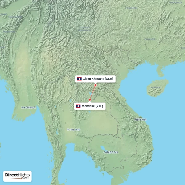 Vientiane - Xieng Khouang direct flight map
