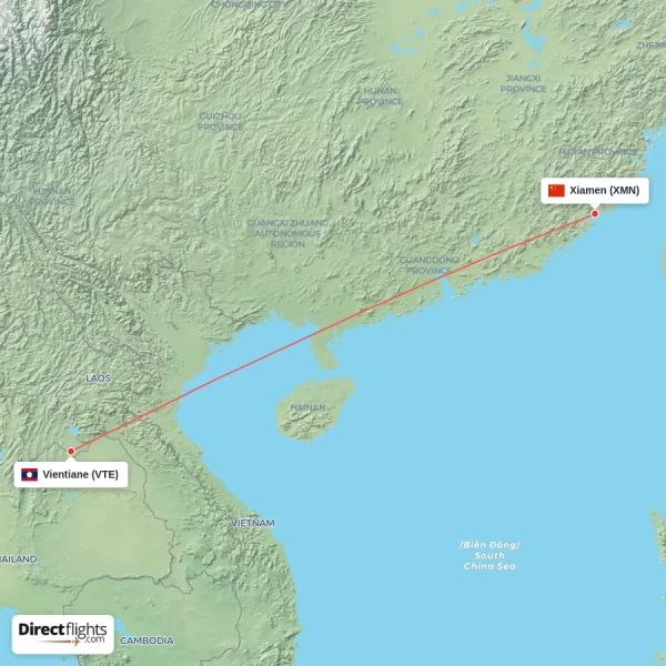 Vientiane - Xiamen direct flight map