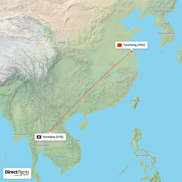 Vientiane - Yancheng direct flight map