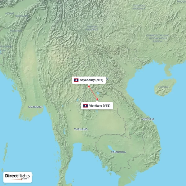 Vientiane - Sayaboury direct flight map