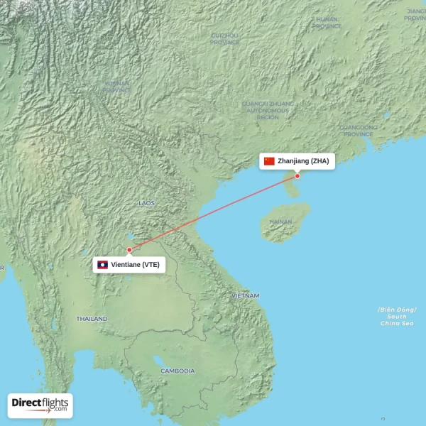 Vientiane - Zhanjiang direct flight map