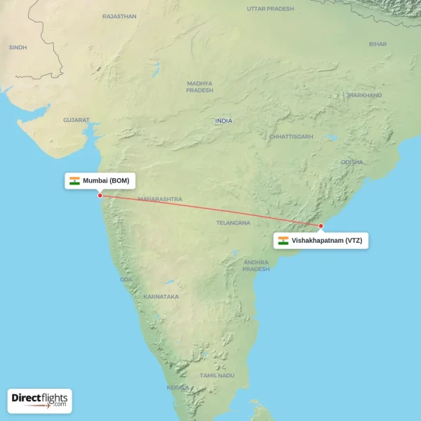 Vishakhapatnam - Mumbai direct flight map