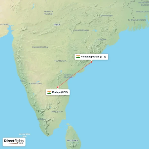 Vishakhapatnam - Kadapa direct flight map