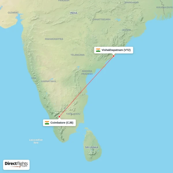 Vishakhapatnam - Coimbatore direct flight map