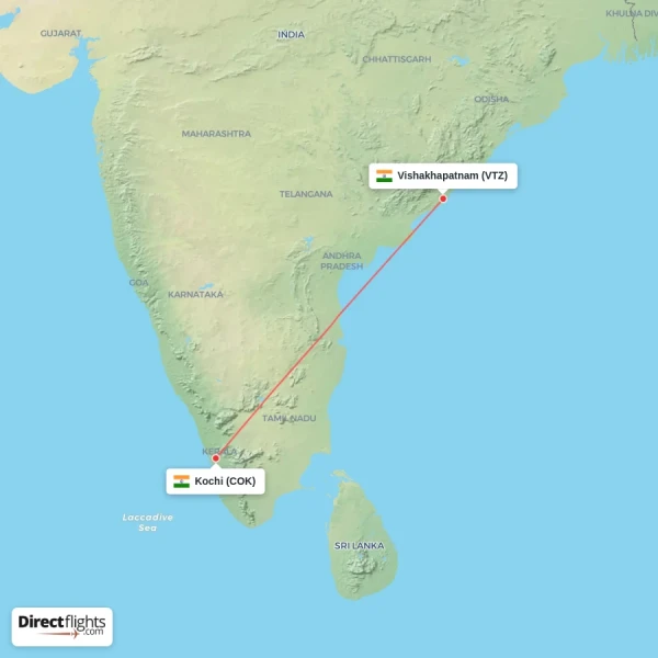 Vishakhapatnam - Kochi direct flight map